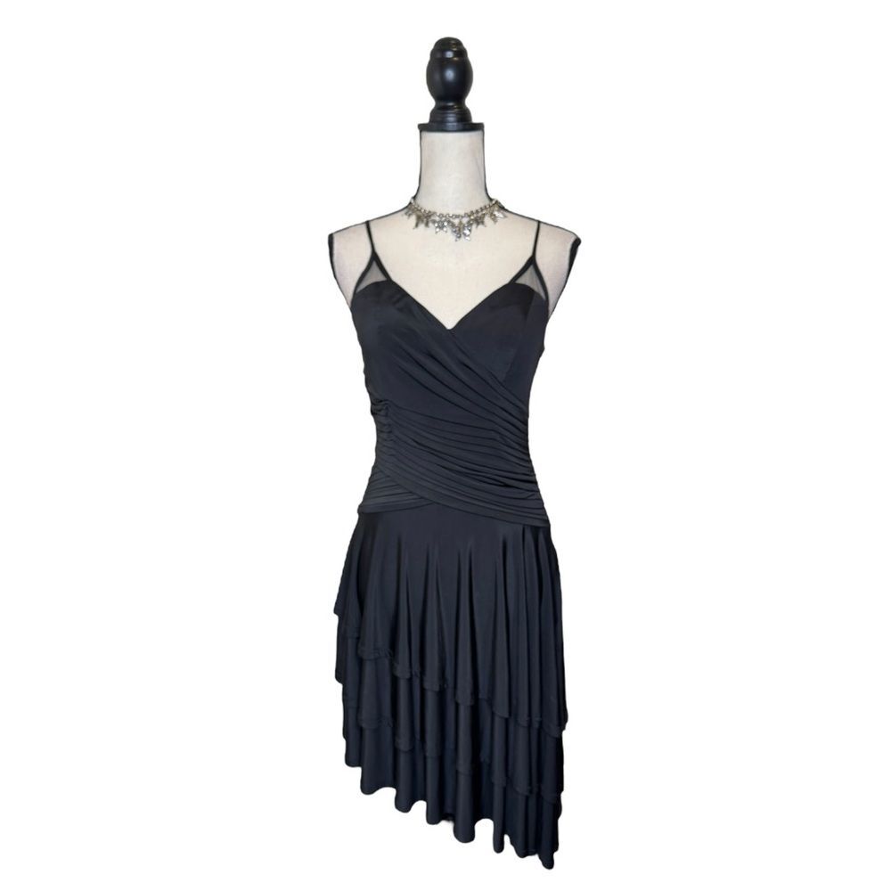Y2K Sue Wong Black Asymmetrical Slinky Whimsygoth Ruffle Ruche Dress Size 6